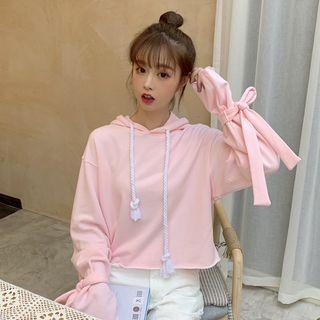 Bow-accent Hooded Crop Pullover Pink - One Size
