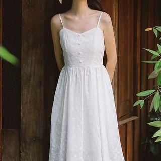 Floral Embroidered Spaghetti-strap A-line Dress