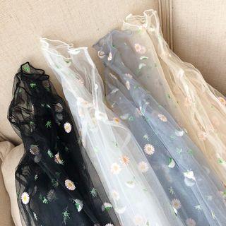 Long-sleeve Flower Embroidered Mesh Top