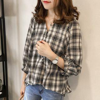 Plaid V-neck 3/4-sleeve Blouse