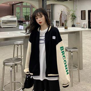 Lettering Print Baseball Jacket Black & Almond - One Size