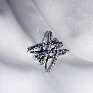 925 Sterling Silver Rhinestone Crisscross Layered Ring