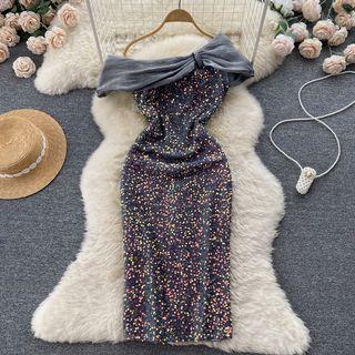 Diagonal Shoulder Large Round-neck Sequin Panel Organza Dress