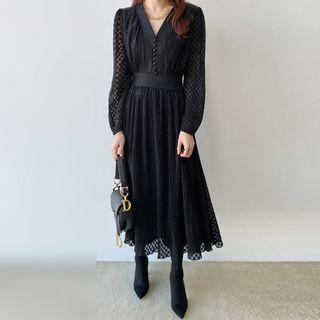 V-neck Balloon-sleeve Midi A-line Mesh Dress