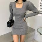 Long-sleeve Square-neck Mini Sheath Knit Dress