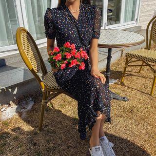 Wrap-front Crinkled Dotted Long Dress