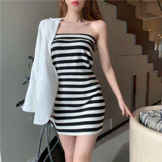 Strapless Striped Knit Mini Bodycon Dress Dress - Stripe - Black & White - 1
