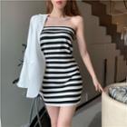 Strapless Striped Knit Mini Bodycon Dress Dress - Stripe - Black & White - 1