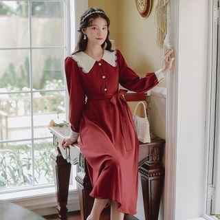 Long-sleeve Collared Tie-waist Midi A-line Dress