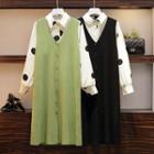 Set: Long-sleeve Dotted Shirt + Sleeveless Midi Knit Dress