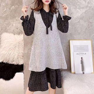 Set: Long-sleeve Check Midi Dress + V-neck Knit Vest