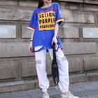 Set: Lettering Distressed Elbow-sleeve T-shirt + Color Block Drawstring Sweatpants