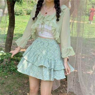 Lace Camisole Top / Floral Mini A-line Skirt / Jacket