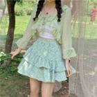 Lace Camisole Top / Floral Mini A-line Skirt / Jacket