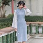Bell-sleeve Cable Knit Midi Qipao / Frog-button Cardigan