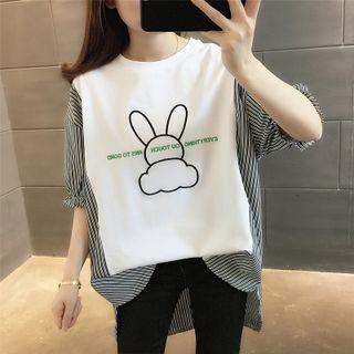 Short-sleeve Striped Panel Rabbit Embroidered T-shirt