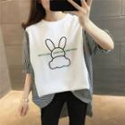 Short-sleeve Striped Panel Rabbit Embroidered T-shirt
