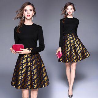 Long Sleeve Crewneck Print Panel A-line Dress