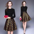 Long Sleeve Crewneck Print Panel A-line Dress