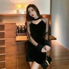 Choker-neck Mesh Panel Mini Bodycon Dress