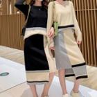 Set: Long-sleeve Color Block Knit Top + Asymmetric Midi Skirt