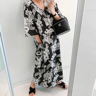 V-neck Floral Maxi Shift Dress