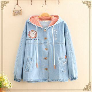 Lion Embroidered Hooded Oversize Denim Jacket