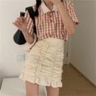 Short-sleeve Plaid Polo Shirt / High-waist Shirred Skirt