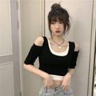 Short-sleeve Mock Two-piece Cold-shoulder Cropp Top