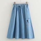 Bear Embroidered Midi A-line Denim Skirt