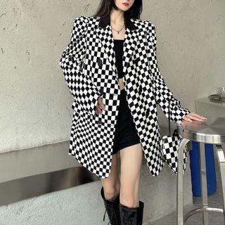 Checkerboard Double-breasted Blazer