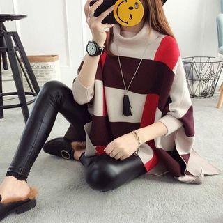 Plaid Turtleneck Batwing-sleeve Sweater