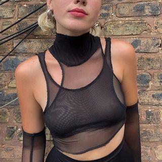Long Sleeve Mesh Cut-out Cropped Top