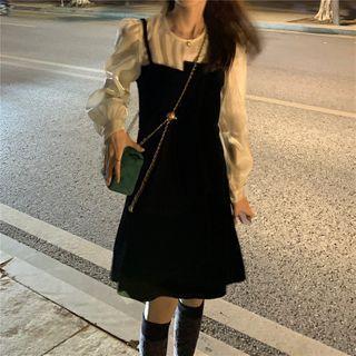 Mock Two-piece Panel Velvet Long-sleeve Dress