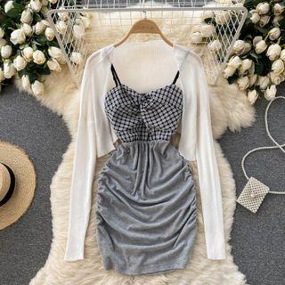 Set Of 2 : Plaid Panel Plain Spaghetti-strap Dress + Cardigan