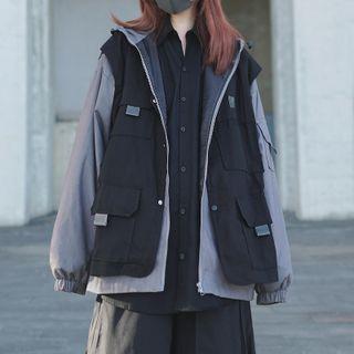 Long-sleeve Mock Two-piece Plain Hooded Jacket