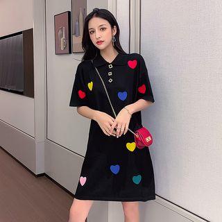 Short-sleeve Heart Embroidered Knit Polo Shirt Dress
