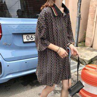 3/4-sleeve Patterned Mini Polo Shirt Dress