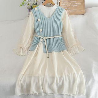 Set: Long-sleeve Midi A-line Dress + Ribbed Knit Vest