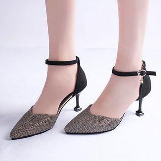 Sequined Pointed Toe Ankle Strap Dorsay Pumps