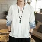 3/4-sleeve Embroidered Linen T-shirt