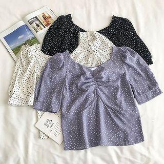 Polka Dot Frilled Square-neck Short-sleeve Blouse