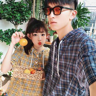 Couple Matching Short-sleeve Plaid Hooded Top