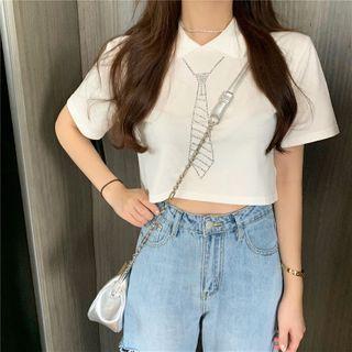 Rhinestone Tie Print Elbow-sleeve Cropped T-shirt