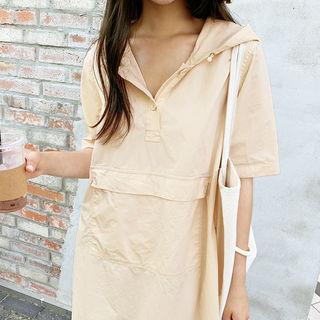 Pocket-patch Long Hoodie Dress Beige - One Size