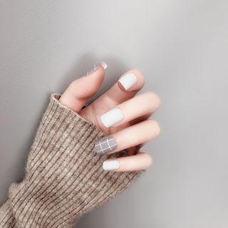Plaid / Plain Faux Nail Tips Ms-23 - White & Gray - One Size