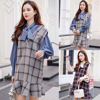 Set: Sleeveless Plaid Mini Dress + Knot Front Shirt
