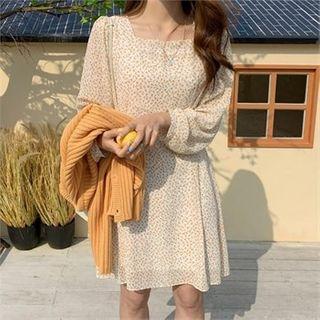 Square-neck Tie-waist Floral Print Dress Ivory - One Size