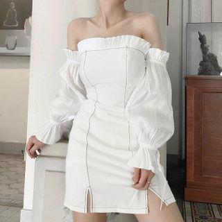 Off-shoulder Ruffled A-line Denim Dress