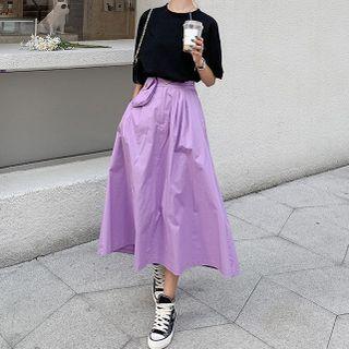 Set: Short Sleeve Plain T-shirt + Midi A-line Skirt